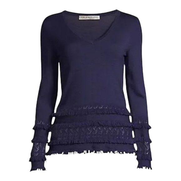 Trina Turk Navy 100% Merino Wool Fringe Sweater V-Neck Medium - Chic & Cozy - Picture 1 of 9